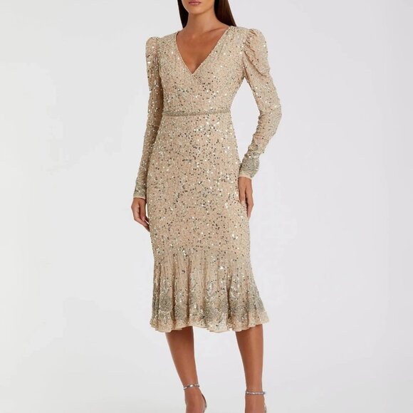 Mac duggal Beige Sequin Dress with Embellished Hemline and Belt - Picture 1 of 4